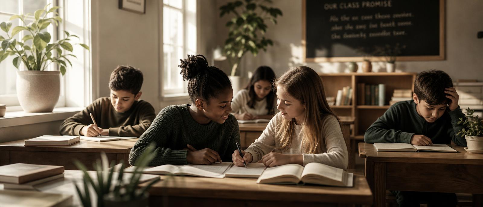 Children learning together in a bright, dignified classroom filled with natural light