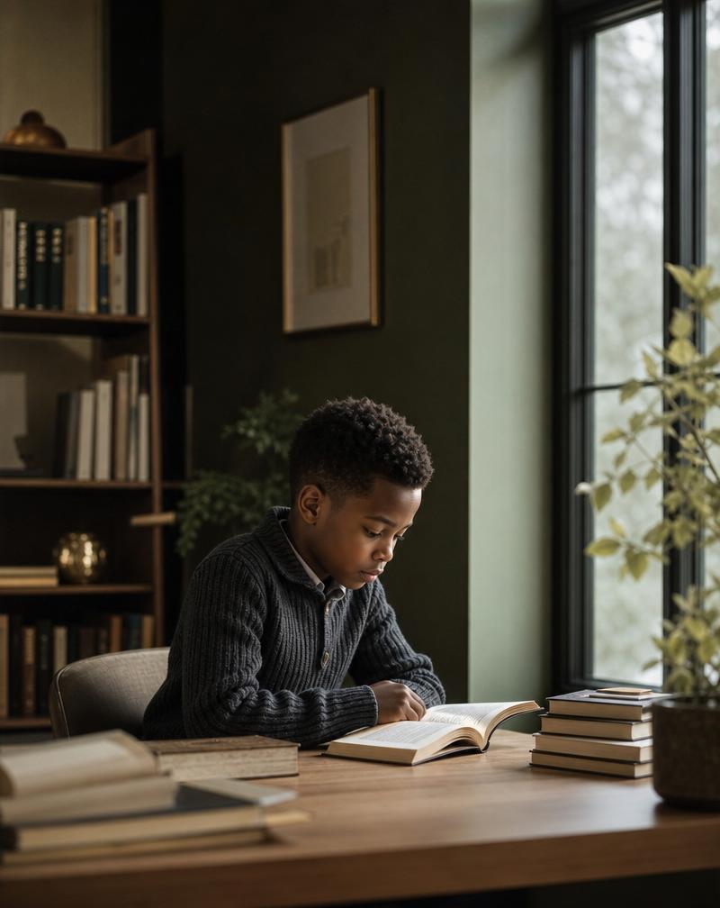 A young student focused on reading in a calm, beautiful learning space